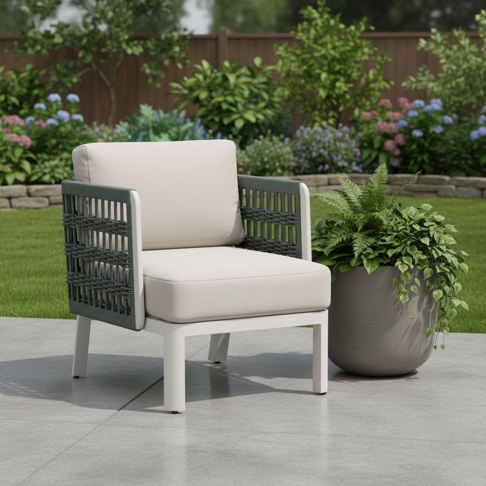 27" Green And White Aluminum Outdoor Accent Chair with White Cushion — view 1