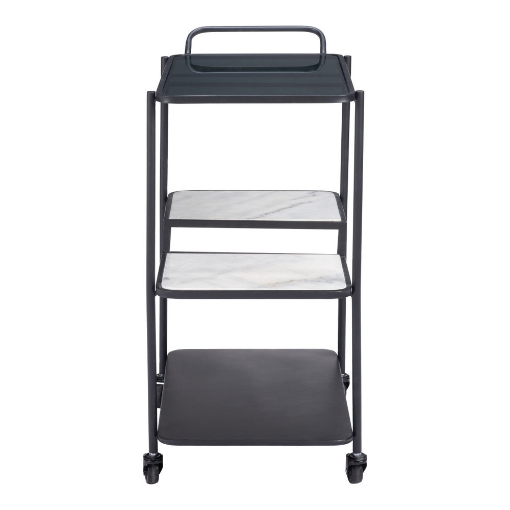 25" Black Steel and Faux Marble Glass Rolling Bar Cart HomeRoots