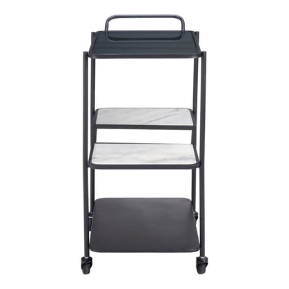 25" Black Steel and Faux Marble Glass Rolling Bar Cart HomeRoots