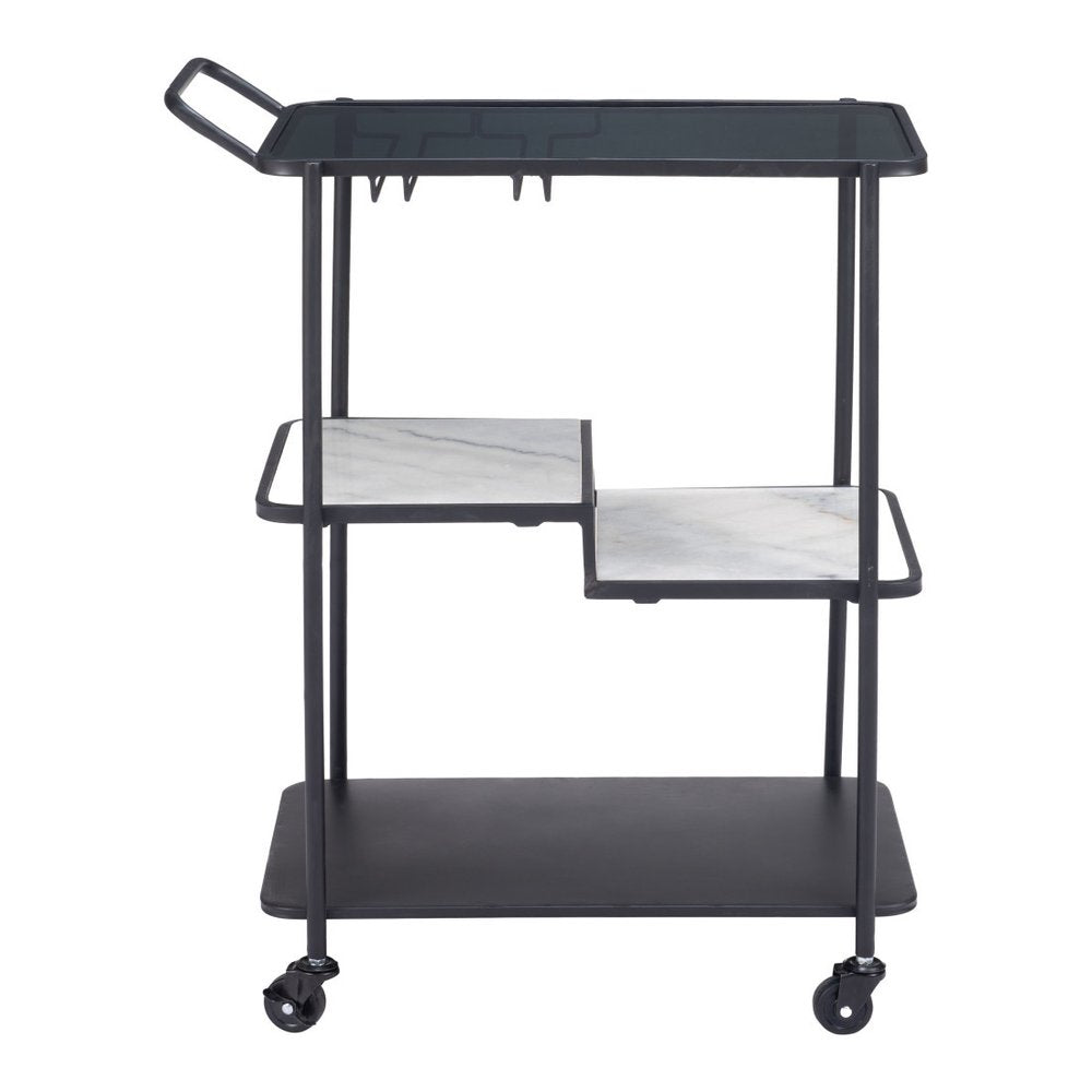 25" Black Steel and Faux Marble Glass Rolling Bar Cart HomeRoots