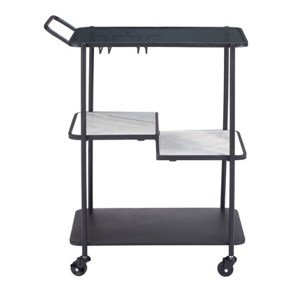 25" Black Steel and Faux Marble Glass Rolling Bar Cart HomeRoots