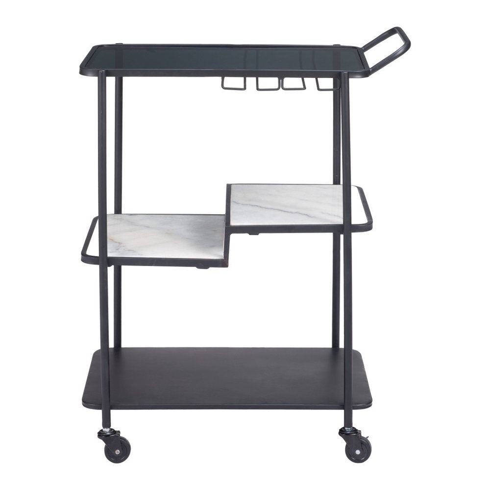 25" Black Steel and Faux Marble Glass Rolling Bar Cart HomeRoots
