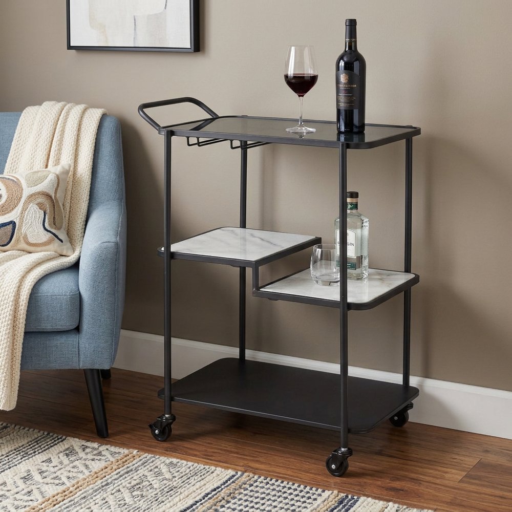 25" Black Steel and Faux Marble Glass Rolling Bar Cart HomeRoots