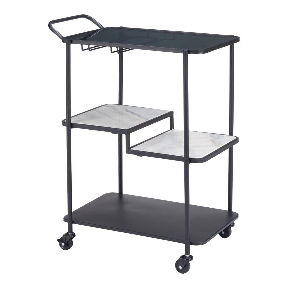 25" Black Steel and Faux Marble Glass Rolling Bar Cart HomeRoots