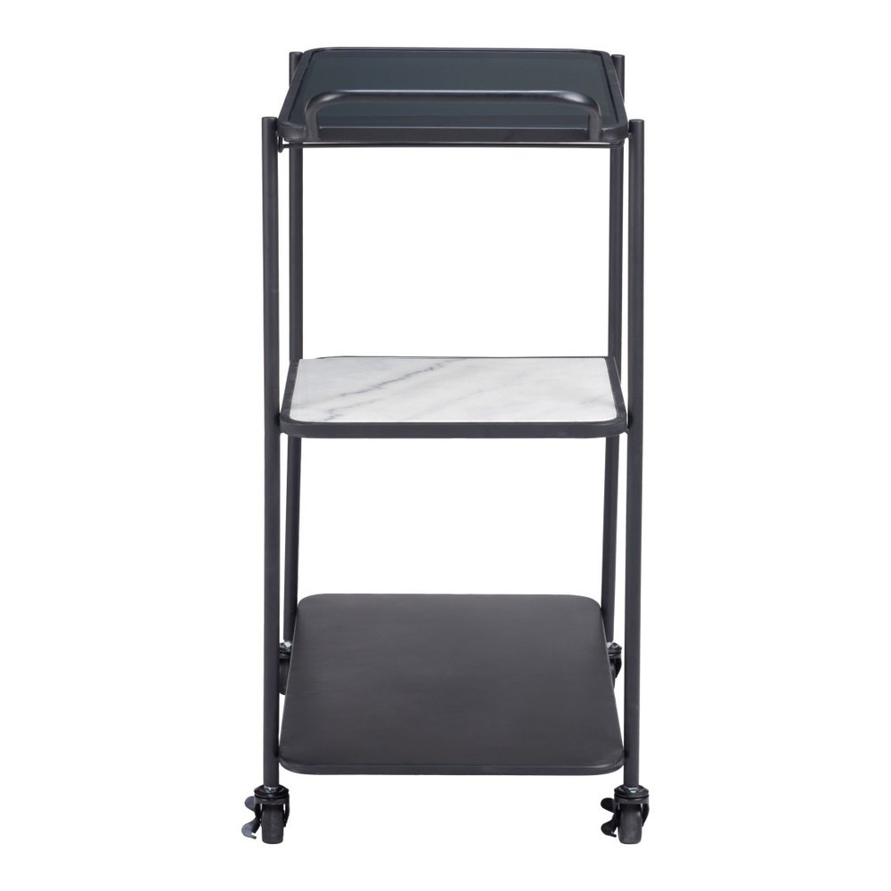 25" Black Steel and Faux Marble Glass Rolling Bar Cart HomeRoots