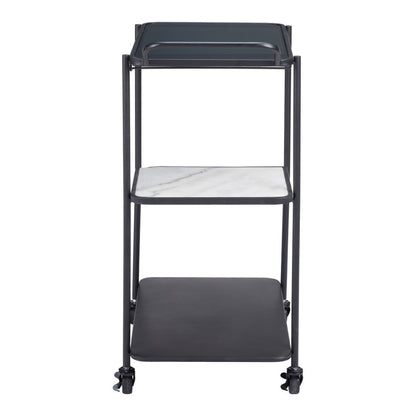 25" Black Steel and Faux Marble Glass Rolling Bar Cart HomeRoots