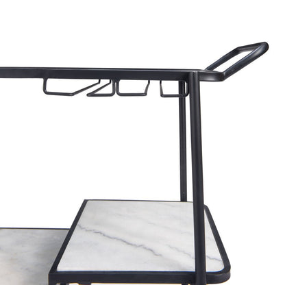 25" Black Steel and Faux Marble Glass Rolling Bar Cart HomeRoots