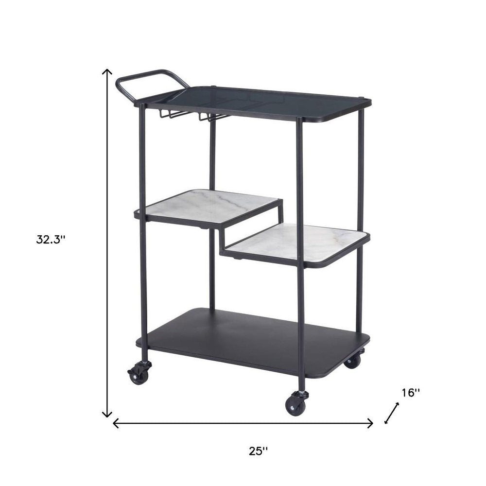 25" Black Steel and Faux Marble Glass Rolling Bar Cart HomeRoots
