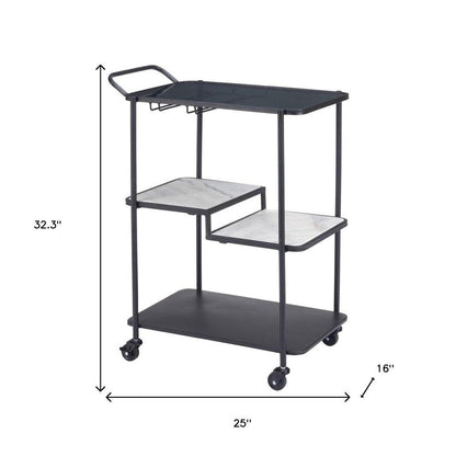 25" Black Steel and Faux Marble Glass Rolling Bar Cart HomeRoots