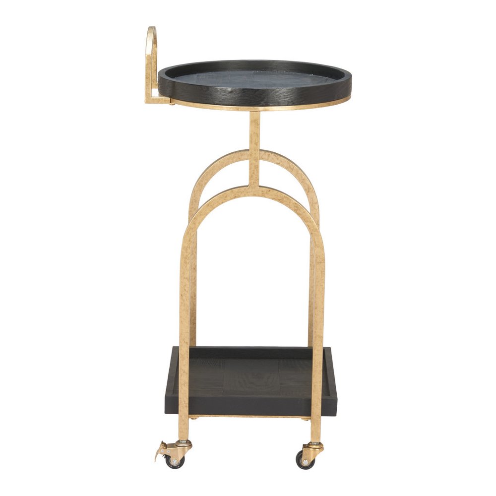 17" Black And Brass Steel and Solid Wood Distressed Round Rolling Bar Cart HomeRoots