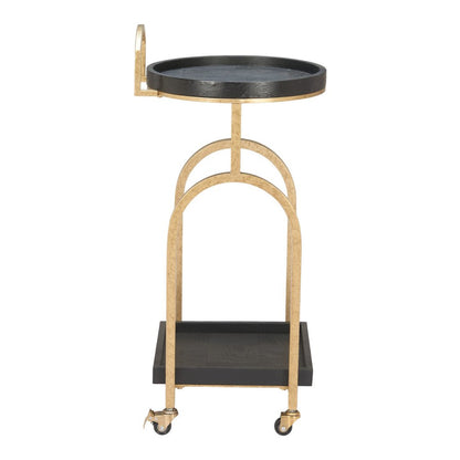 17" Black And Brass Steel and Solid Wood Distressed Round Rolling Bar Cart HomeRoots