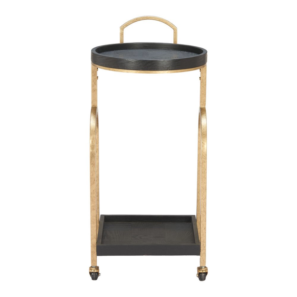 17" Black And Brass Steel and Solid Wood Distressed Round Rolling Bar Cart HomeRoots