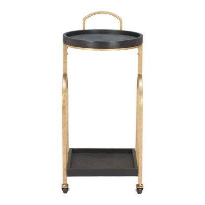 17" Black And Brass Steel and Solid Wood Distressed Round Rolling Bar Cart HomeRoots