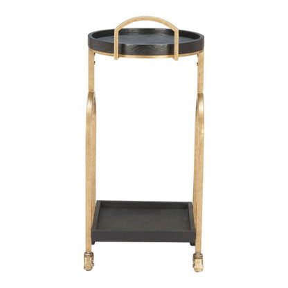 17" Black And Brass Steel and Solid Wood Distressed Round Rolling Bar Cart HomeRoots