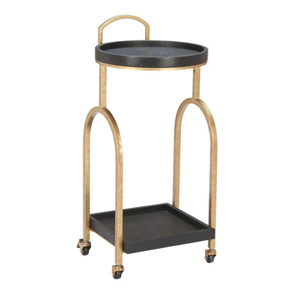 17" Black And Brass Steel and Solid Wood Distressed Round Rolling Bar Cart HomeRoots
