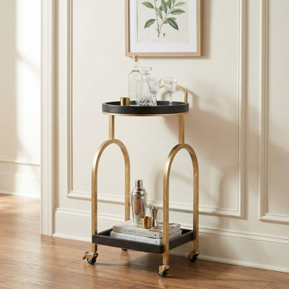 17" Black And Brass Steel and Solid Wood Distressed Round Rolling Bar Cart HomeRoots