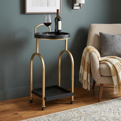 17" Black And Brass Steel and Solid Wood Distressed Round Rolling Bar Cart HomeRoots