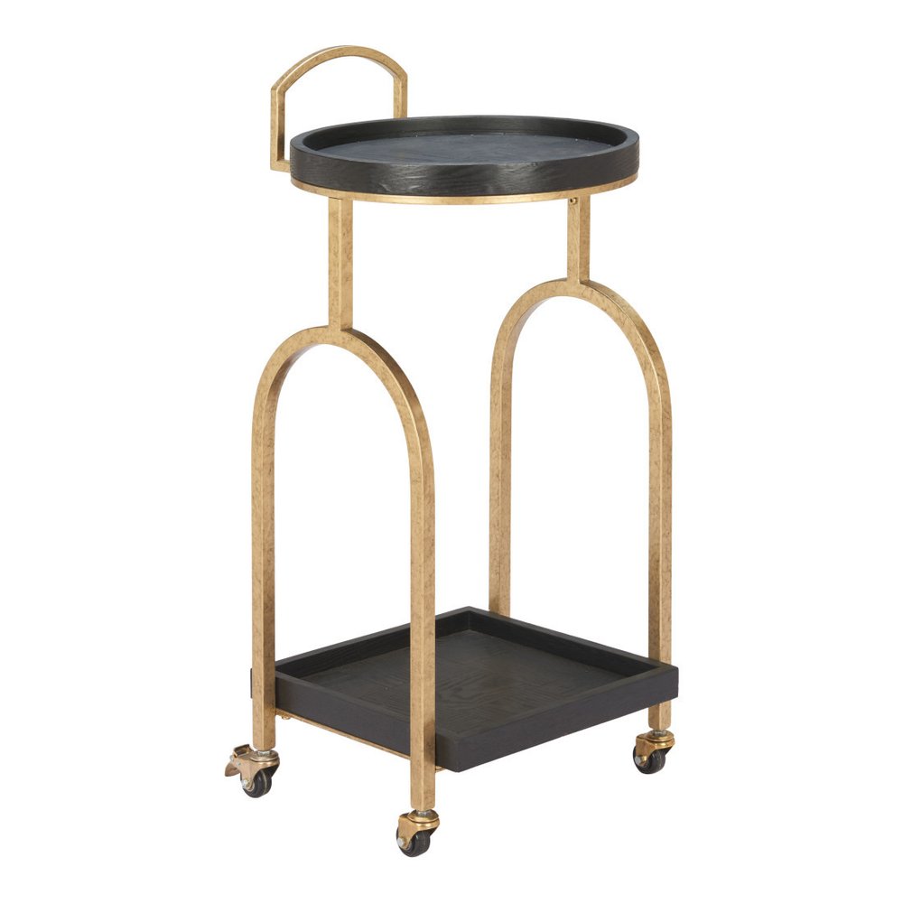 17" Black And Brass Steel and Solid Wood Distressed Round Rolling Bar Cart HomeRoots