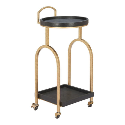 17" Black And Brass Steel and Solid Wood Distressed Round Rolling Bar Cart HomeRoots