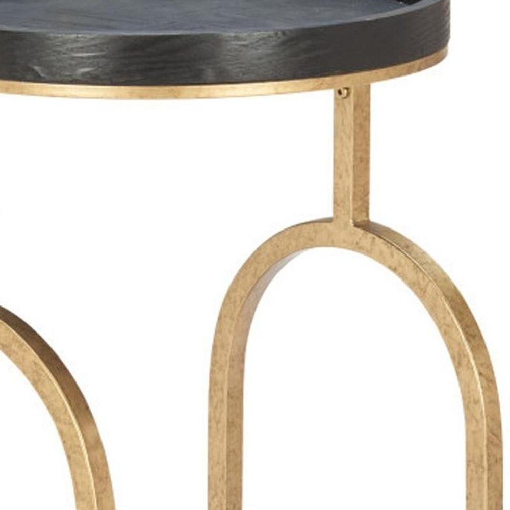17" Black And Brass Steel and Solid Wood Distressed Round Rolling Bar Cart HomeRoots