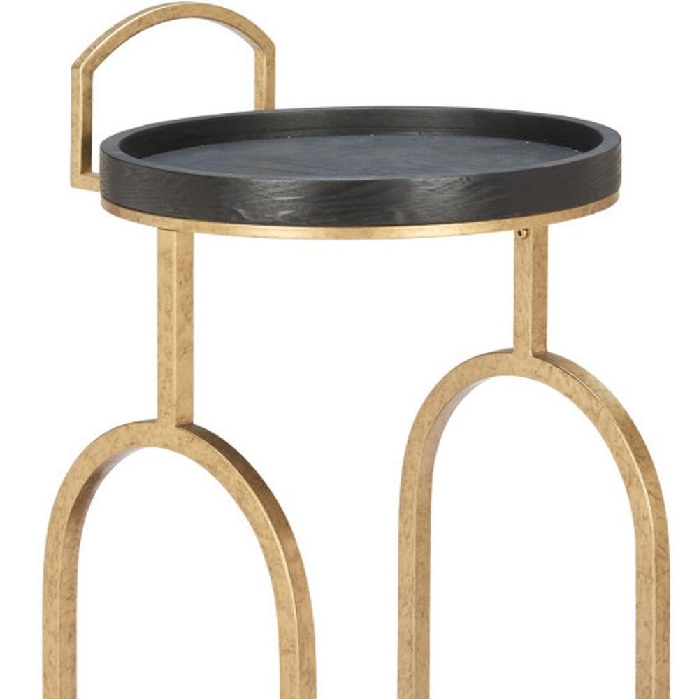 17" Black And Brass Steel and Solid Wood Distressed Round Rolling Bar Cart HomeRoots