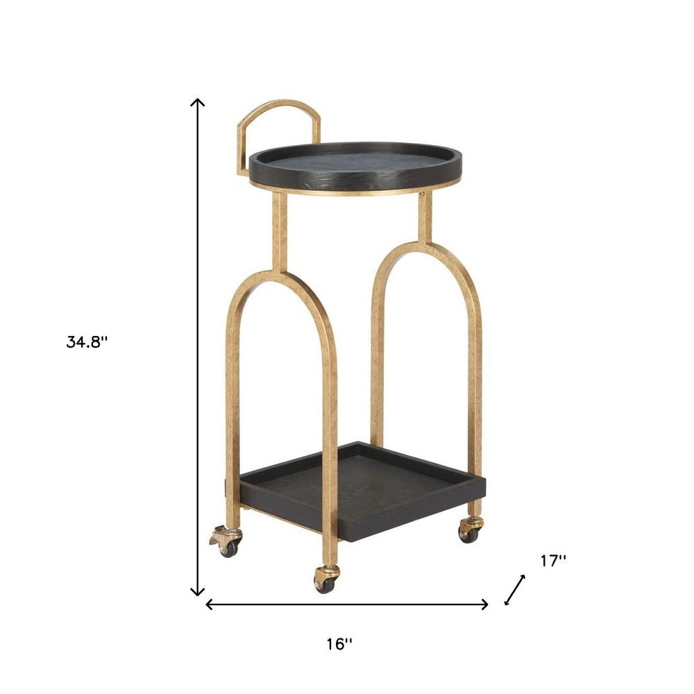 17" Black And Brass Steel and Solid Wood Distressed Round Rolling Bar Cart HomeRoots