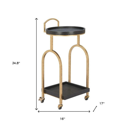 17" Black And Brass Steel and Solid Wood Distressed Round Rolling Bar Cart HomeRoots