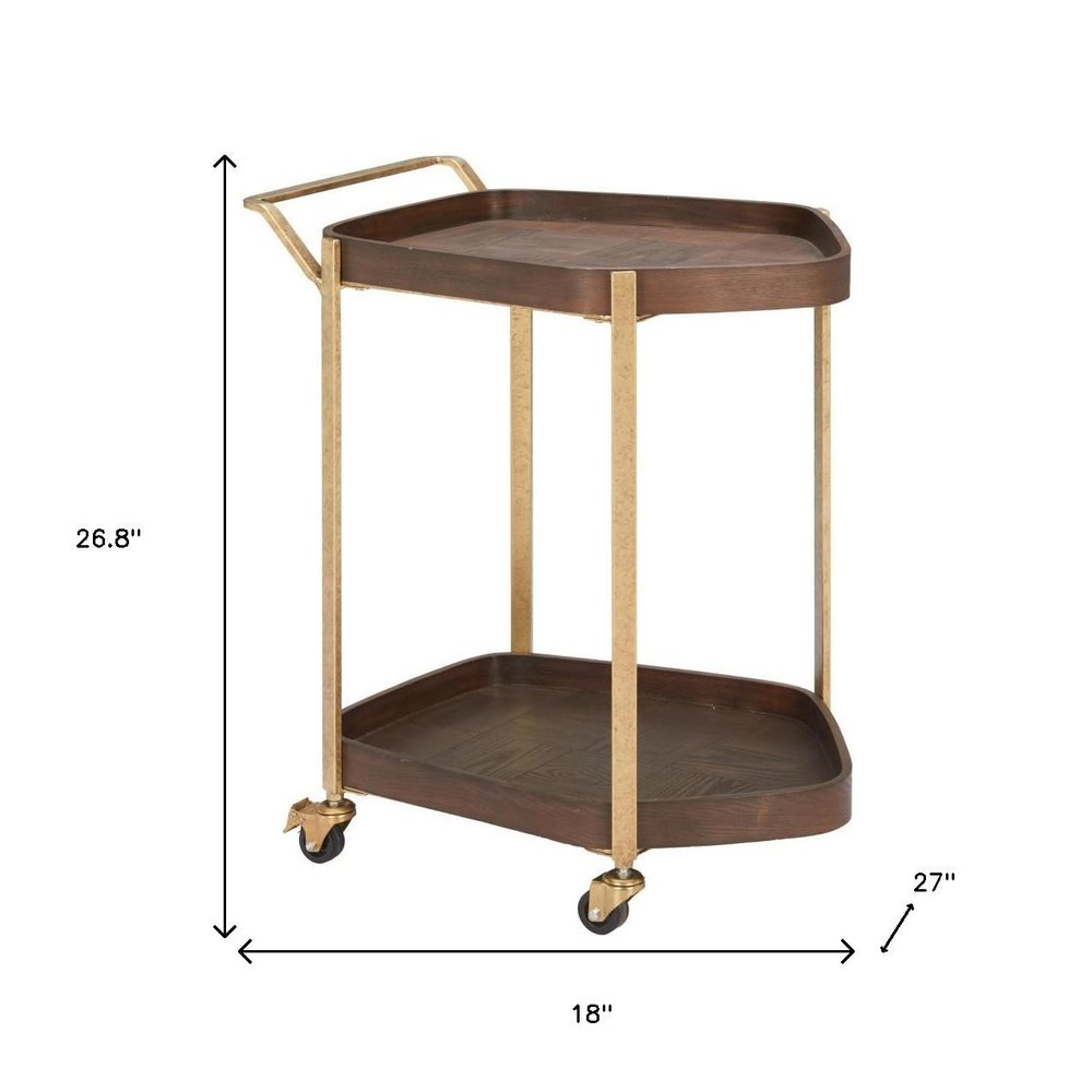 27" Walnut And Brass Wood and Steel Rolling Bar Cart HomeRoots