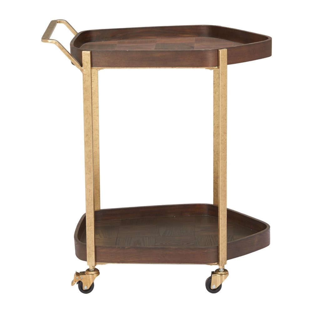 27" Walnut And Brass Wood and Steel Rolling Bar Cart HomeRoots
