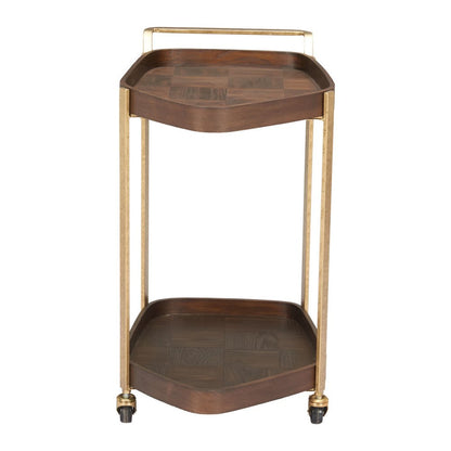 27" Walnut And Brass Wood and Steel Rolling Bar Cart HomeRoots