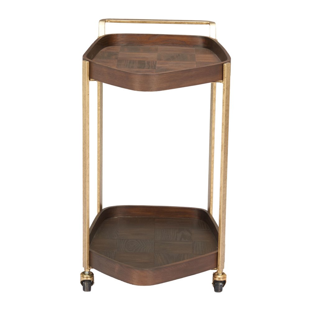 27" Walnut And Brass Wood and Steel Rolling Bar Cart — view 5