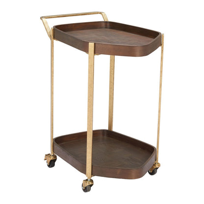 27" Walnut And Brass Wood and Steel Rolling Bar Cart HomeRoots