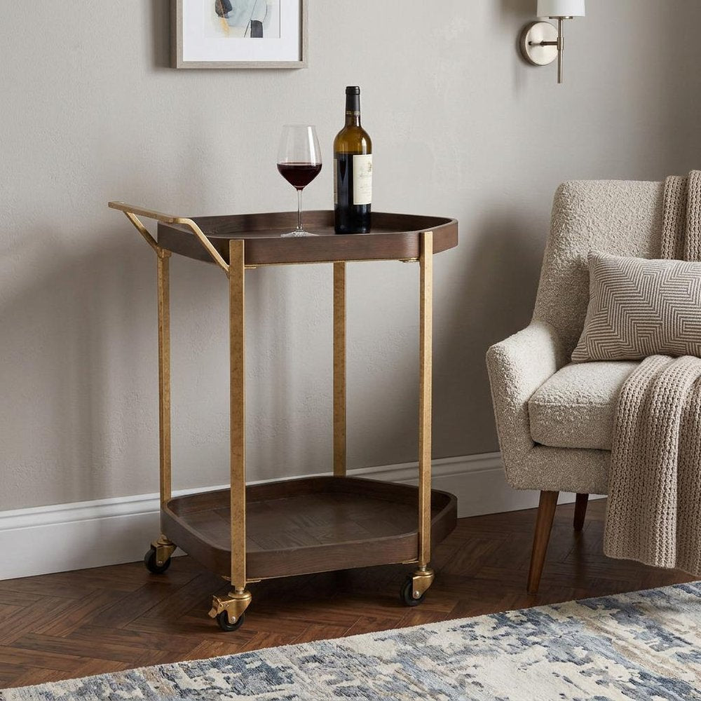 27" Walnut And Brass Wood and Steel Rolling Bar Cart — view 10