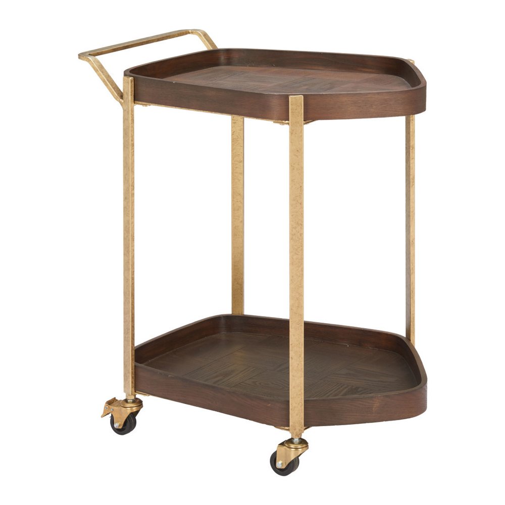 27" Walnut And Brass Wood and Steel Rolling Bar Cart HomeRoots