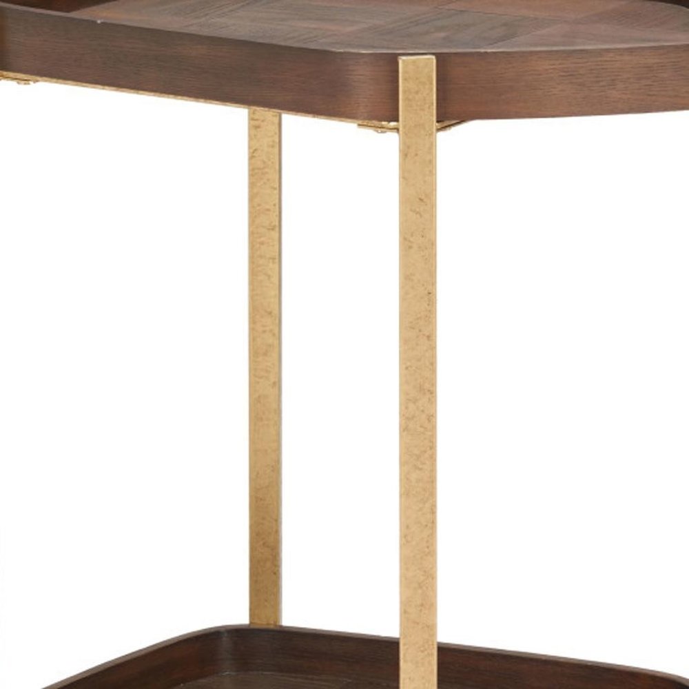 27" Walnut And Brass Wood and Steel Rolling Bar Cart — view 1