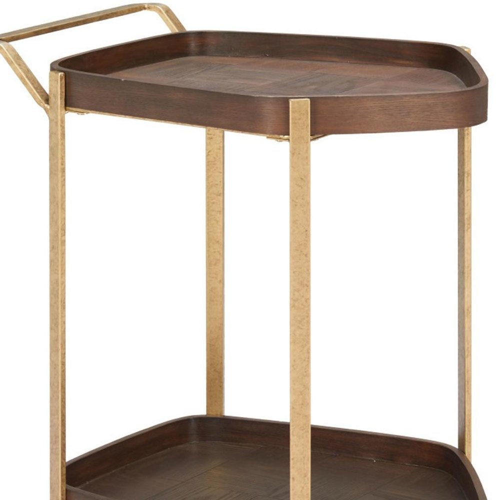 27" Walnut And Brass Wood and Steel Rolling Bar Cart HomeRoots