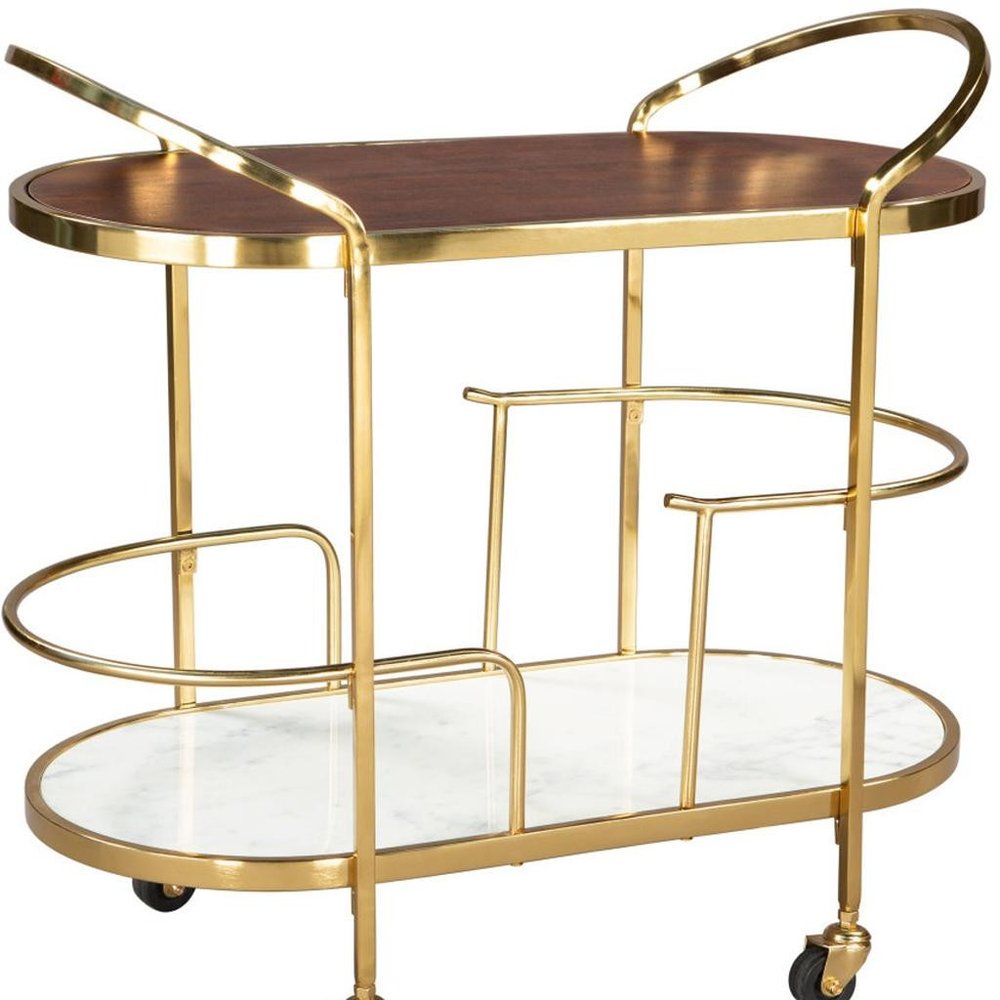 32" Brown Gold And White Iron Solid Wood and Marble Oval Rolling Bar Cart HomeRoots