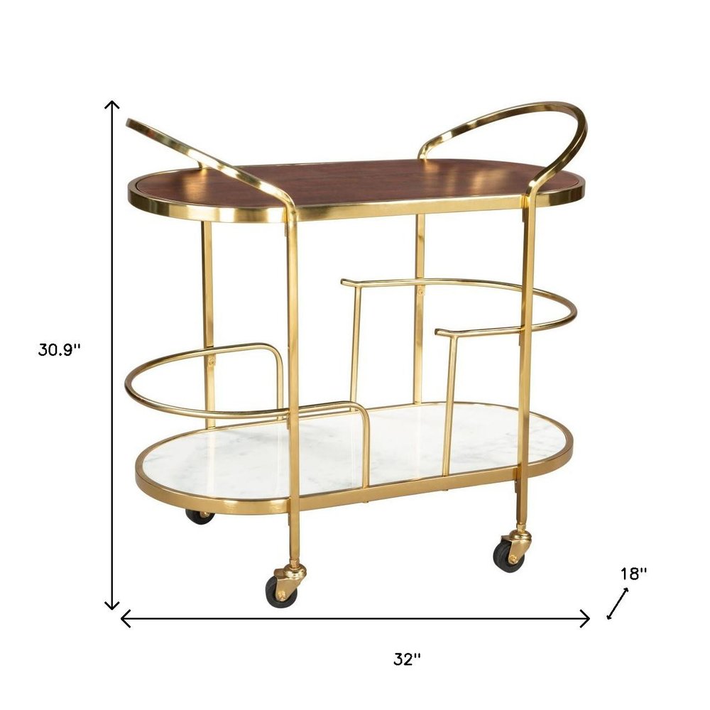 32" Brown Gold And White Iron Solid Wood and Marble Oval Rolling Bar Cart HomeRoots