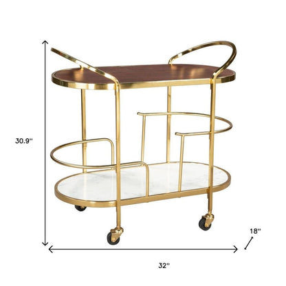 32" Brown Gold And White Iron Solid Wood and Marble Oval Rolling Bar Cart HomeRoots