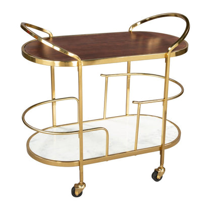 32" Brown Gold And White Iron Solid Wood and Marble Oval Rolling Bar Cart HomeRoots