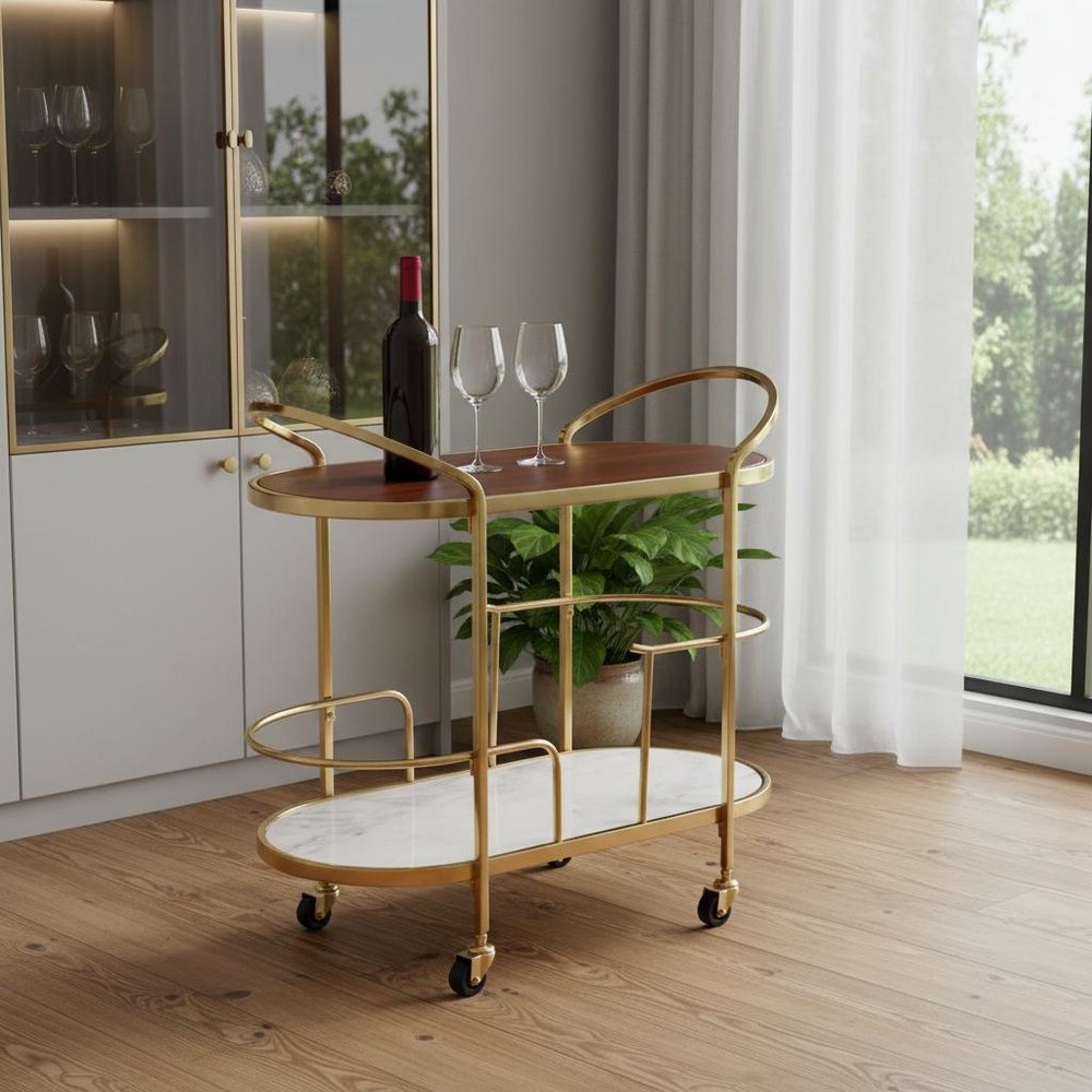 32" Brown Gold And White Iron Solid Wood and Marble Oval Rolling Bar Cart HomeRoots