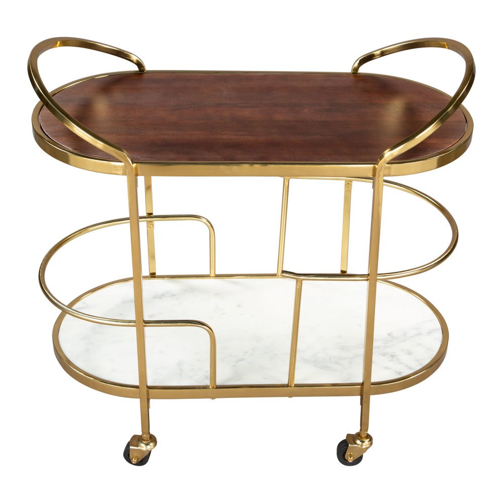 32" Brown Gold And White Iron Solid Wood and Marble Oval Rolling Bar Cart HomeRoots