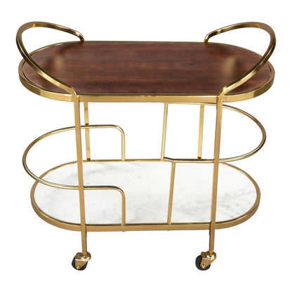 32" Brown Gold And White Iron Solid Wood and Marble Oval Rolling Bar Cart HomeRoots