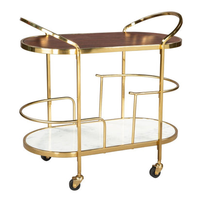 32" Brown Gold And White Iron Solid Wood and Marble Oval Rolling Bar Cart HomeRoots