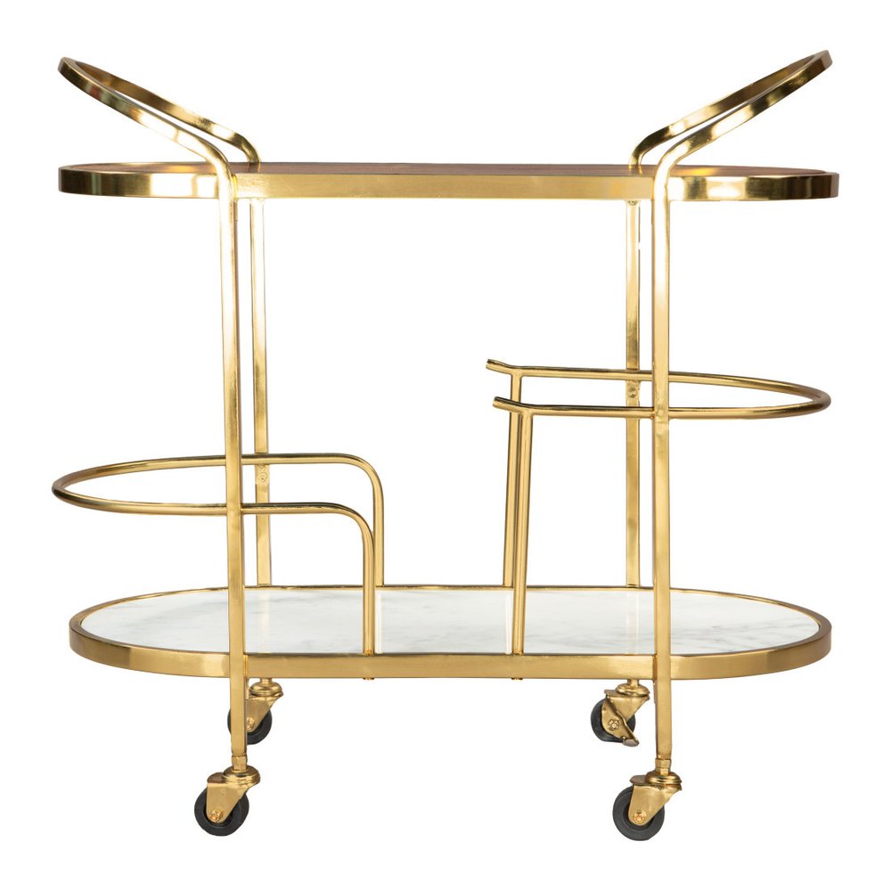32" Brown Gold And White Iron Solid Wood and Marble Oval Rolling Bar Cart HomeRoots