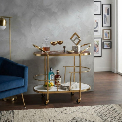 32" Brown Gold And White Iron Solid Wood and Marble Oval Rolling Bar Cart