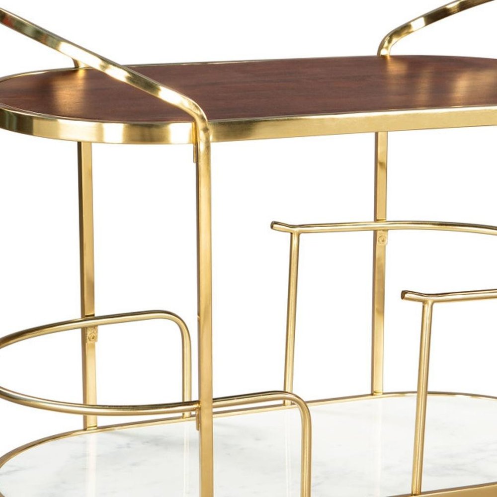32" Brown Gold And White Iron Solid Wood and Marble Oval Rolling Bar Cart HomeRoots