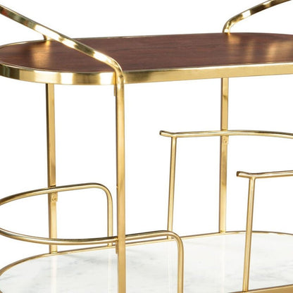 32" Brown Gold And White Iron Solid Wood and Marble Oval Rolling Bar Cart HomeRoots