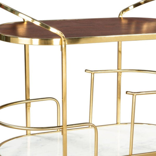 32" Brown Gold And White Iron Solid Wood and Marble Oval Rolling Bar Cart HomeRoots