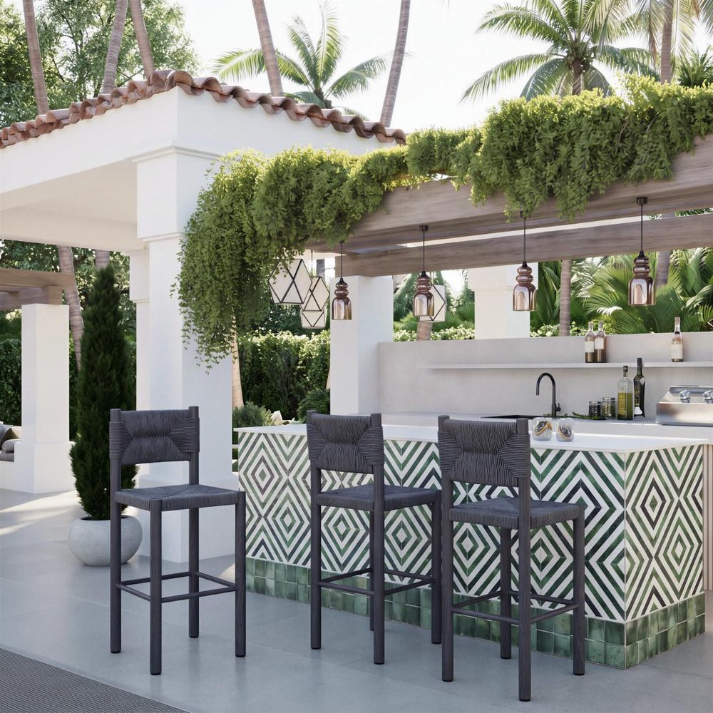 Set of Two 30" Black Rattan And Aluminum Low Back Bar Height Bar Chairs — view 24